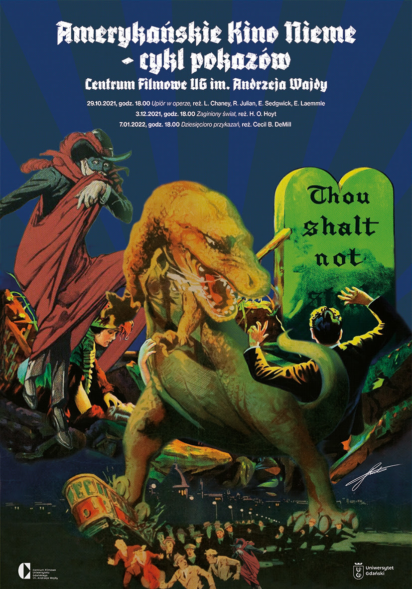 Plakat promująct Amerykańskie Kino Nieme w Centrum Filmowym UG im. Andrzeja Wajdy: potwór przypominający dinozaura walczący z dwiemia osobami, z boku nagrobek