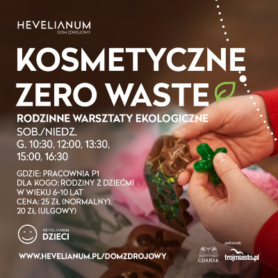 baner promujący warsztaty kosmetyczne zero waste, soboty i niedziele w styczniu. Na zdjęciu dziecięce dłonie wyciągające dzielone mydełko z silikonowej foremki