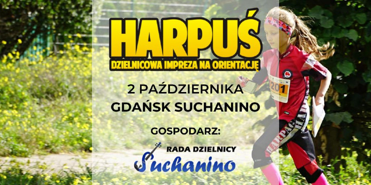 baner promujący dzielnicową imprezę na orientację Harpuś na gdańskim Suchaninie