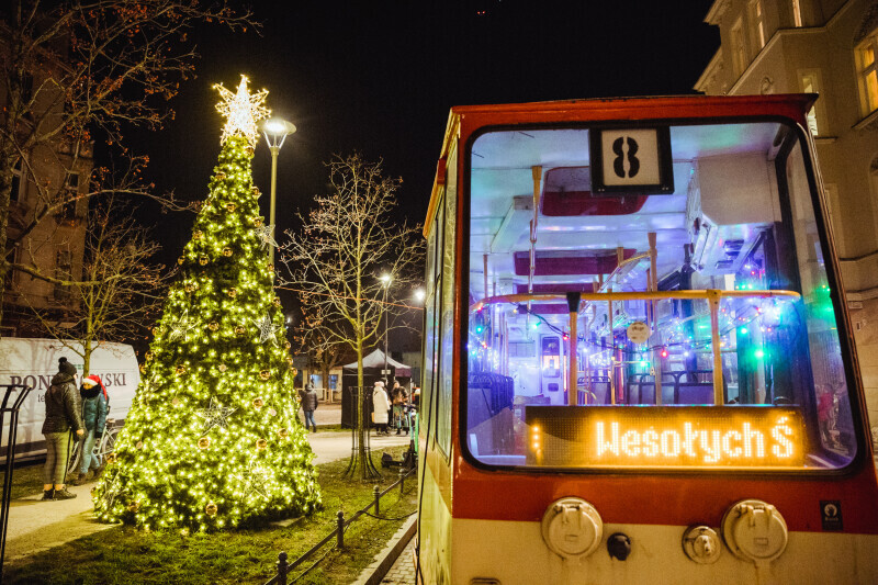 świąteczna choinka postawiona w parku, obok tramwaj z napisem: wesołych świąt