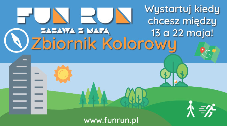 baner promujący Fun Run zabawa z mapą przy Zbiorniku Kolorowym, start pomiędzy 13 a 22 maja