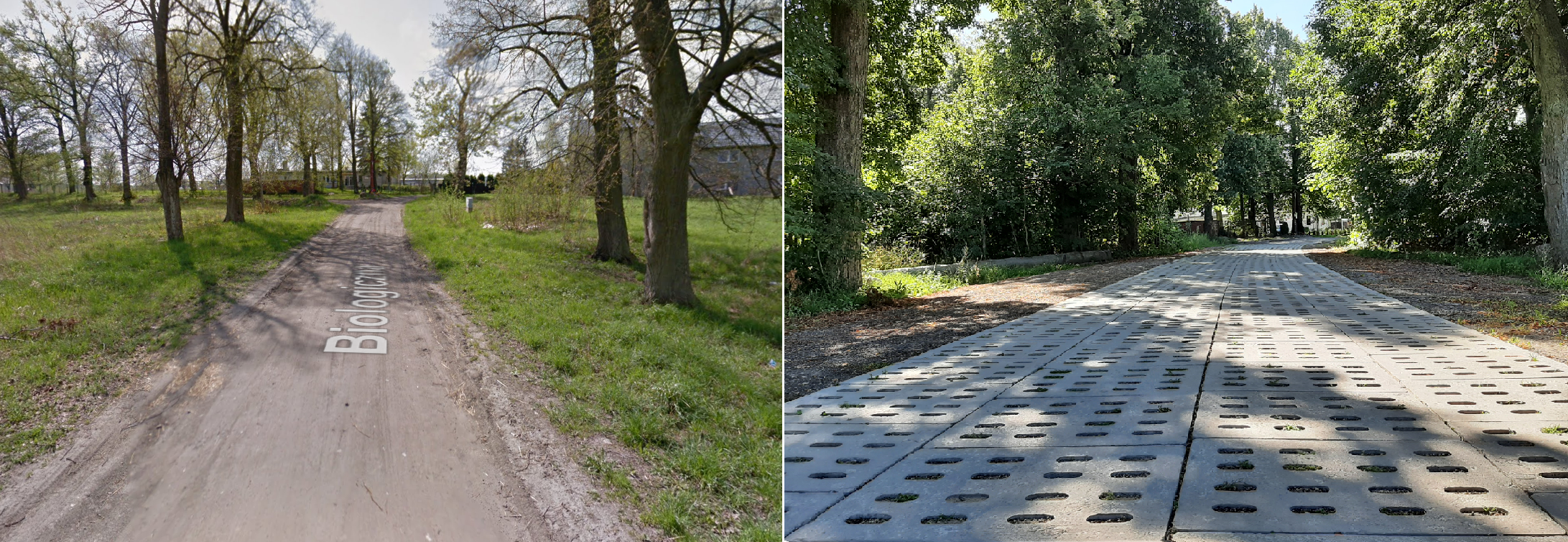 Zdjęcie przedstawia widok ulicy Biologicznej przed i po wykonaniu inwestycji