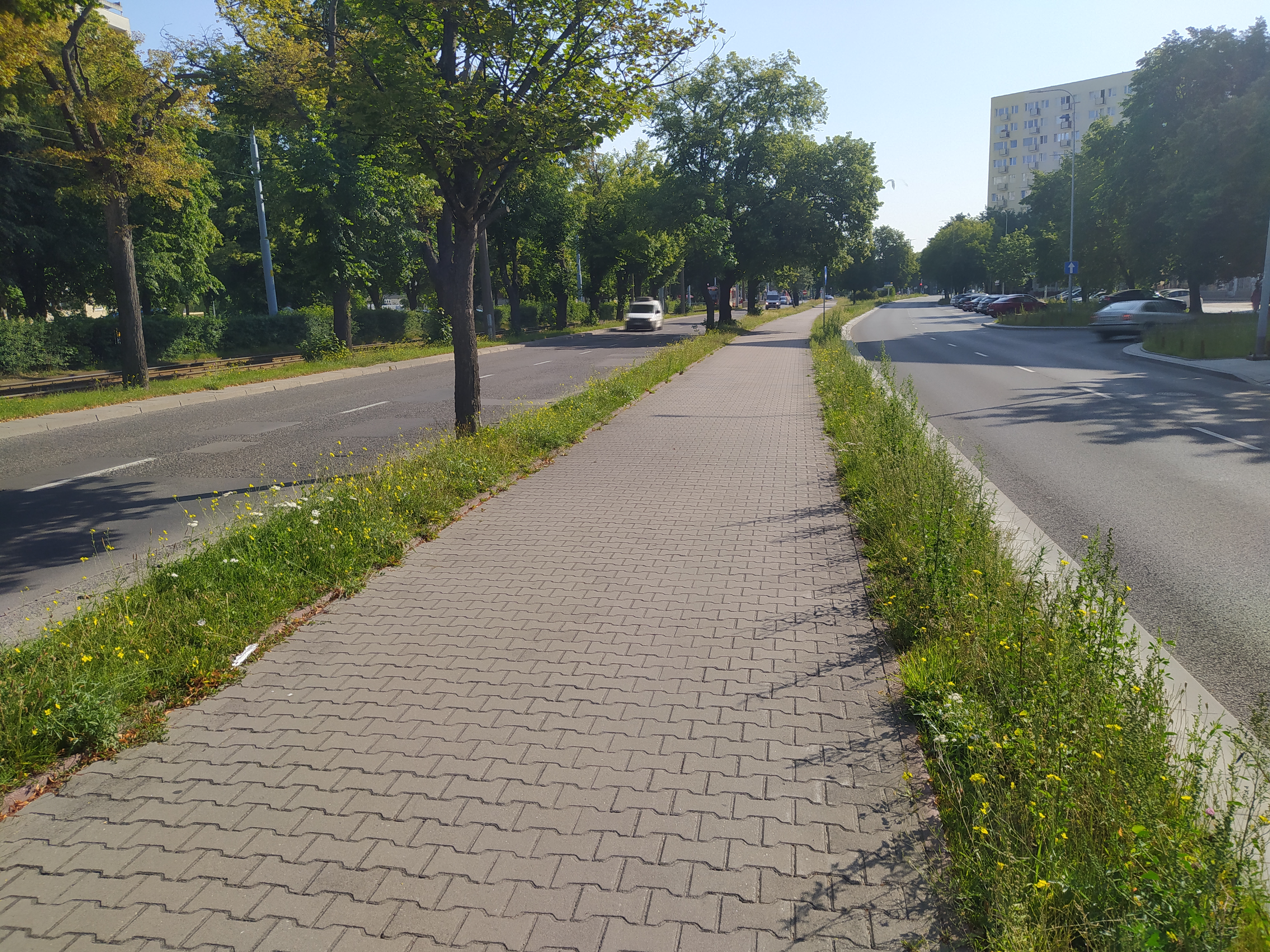 Na zdjęciu widoczny jest odcinek remontowanej drogi rowerowej w ciągu ulicy Pomorskiej przed wykonaniem inwestycji