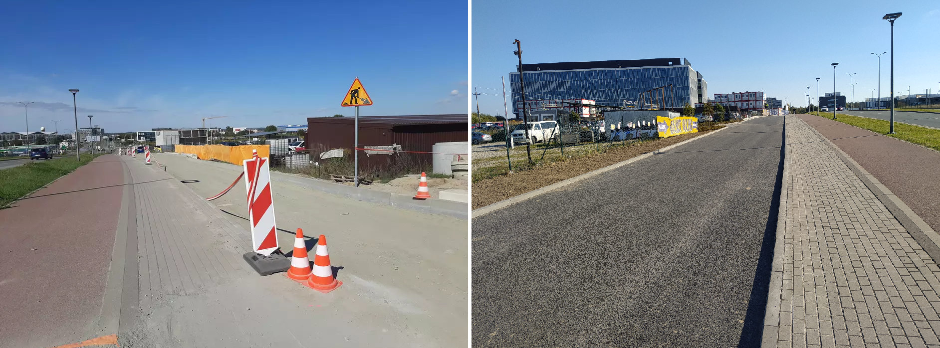 Zdjęcie przedstawia widok przed i po wykonaniu przebudowy drogi serwisowej