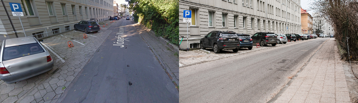 Zdjęcie przedstawia ulicę Wassowskiego przed i po remoncie