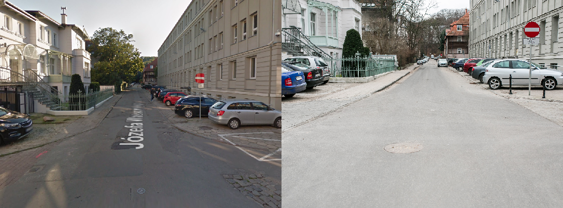Zdjęcie przedstawia widoku ulicy Wassowskiego od strony ulicy Sienkiewicza przed i po remoncie