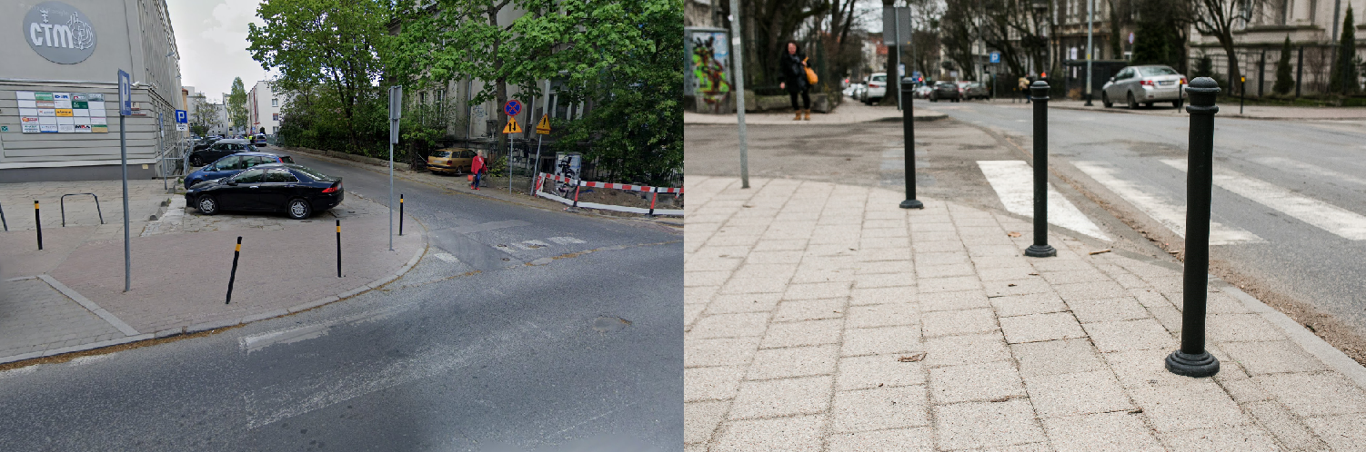 Zdjęcie przedstawia skrzyżowanie ulic Wassowskiego i Matejki przed i po remoncie