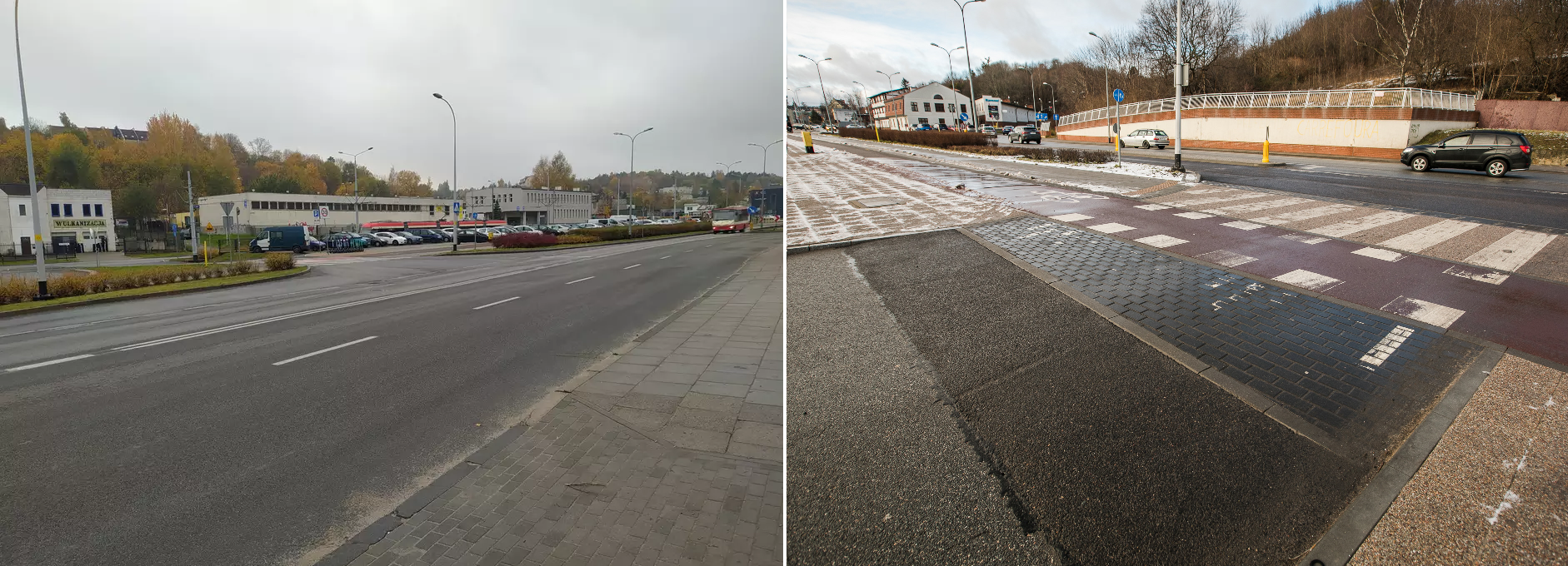 Zdjęcie przedstawia widok fragmentu ulicy Kartuskiej przed i po wykonaniu przebudowy