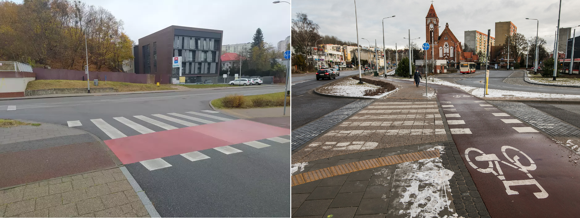 Widok skrzyżowania ulicy Kartuskiej i ulicy Struga przed i po wykonaniu inwestycji
