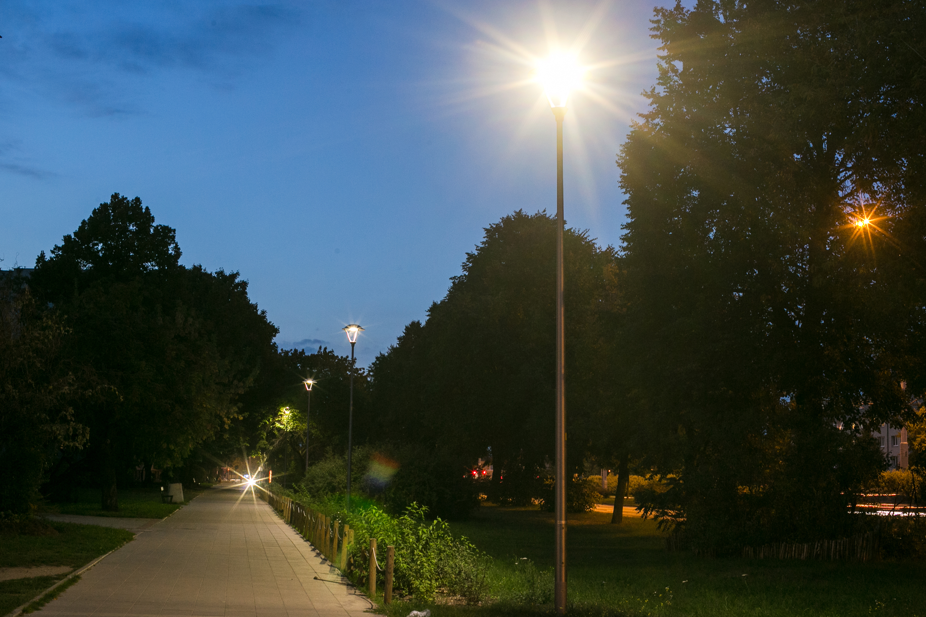 widok na świecące, nowe lampy oświetleniowe wzdłuż chodnika