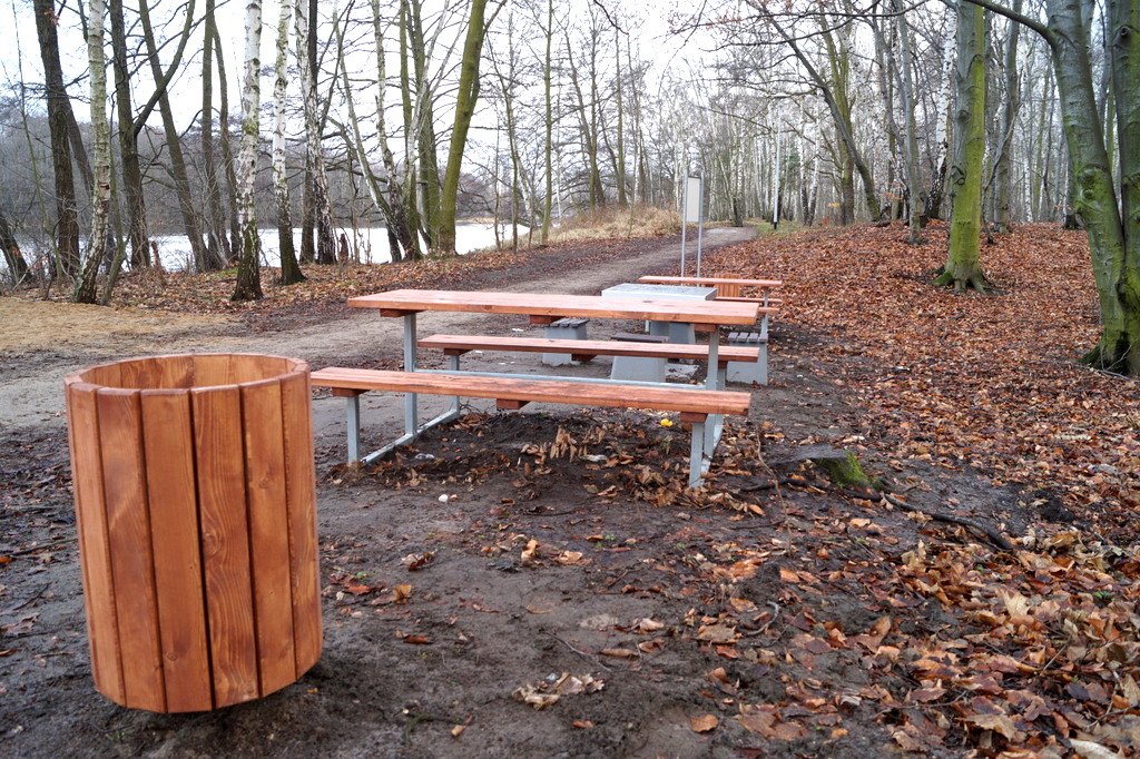 widok na drewniane ławki i kosz na śmieci w parku jesienną porą